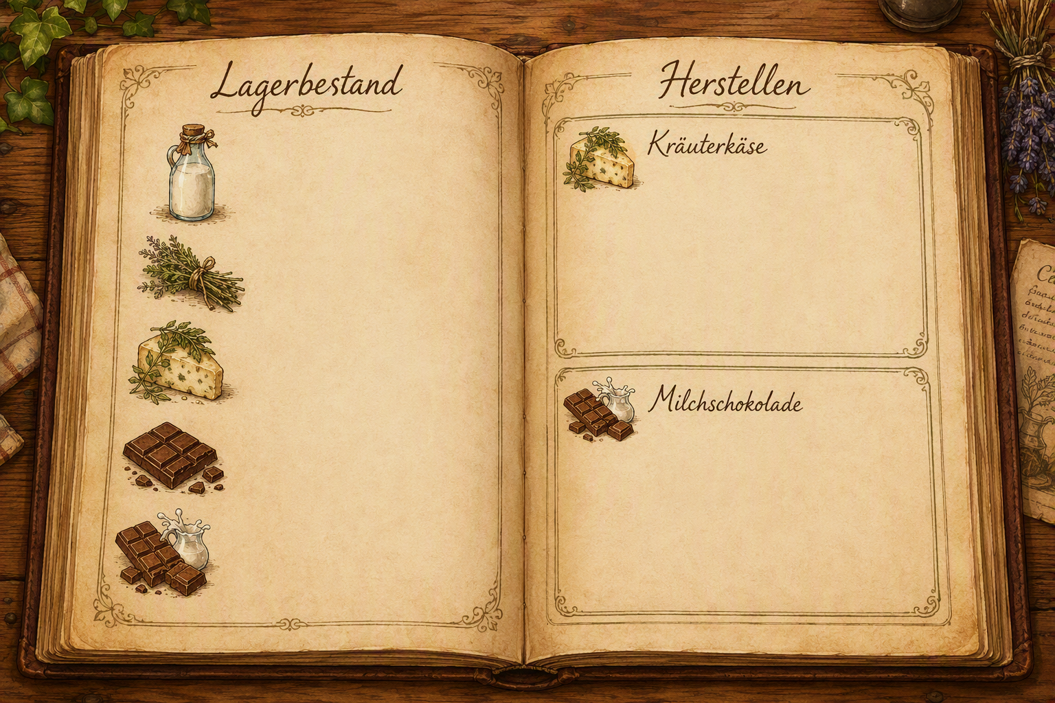 Lagerbuch: Lagerbestand und Herstellen-Rezepte